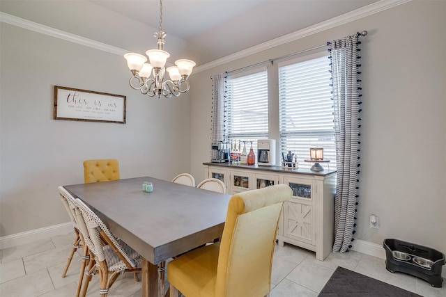 tiled dining space with a chandelier and ornamental molding