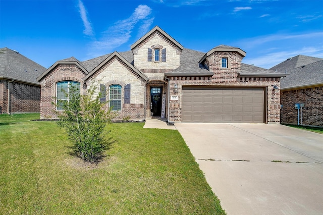 french country inspired facade with a garage and a front lawn