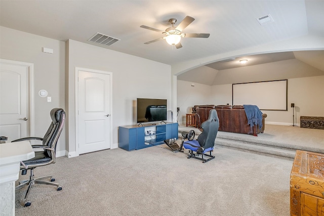 interior space featuring carpet floors and ceiling fan