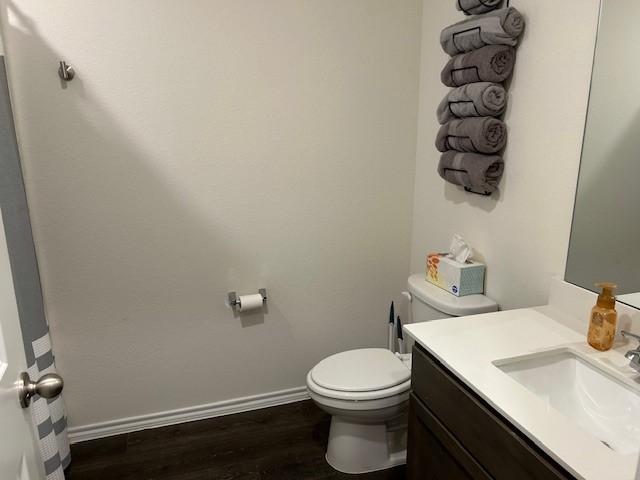 bathroom featuring vanity, toilet, and wood-type flooring