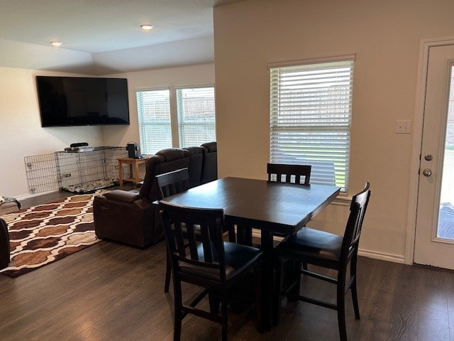 dining area with a wealth of natural light and dark hardwood / wood-style floors