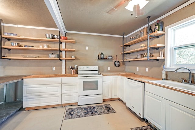 kitchen with white cabinetry, sink, a textured ceiling, white appliances, and ceiling fan