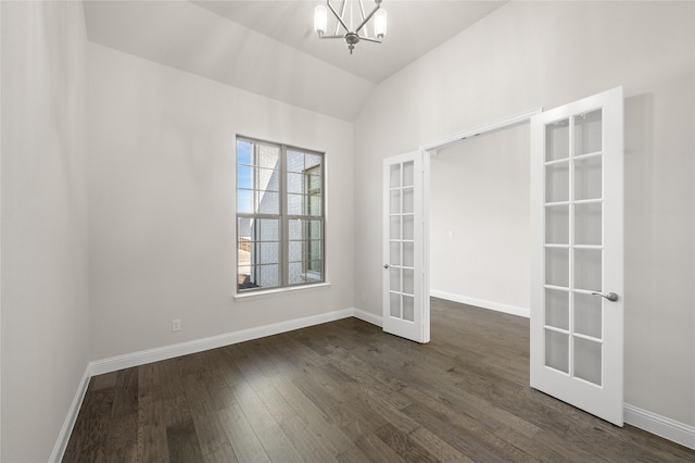 2001 Rockwood Ln, Mansfield, TX 76063 - empty room featuring lofted ceiling, an inviting chandelier, french doors, dark wood-type flooring, and baseboards