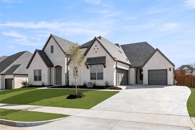 2001 Rockwood Ln, Mansfield, TX 76063 - french country home with fence, a front lawn, concrete driveway, an attached garage, and brick siding