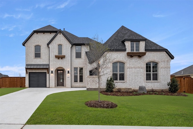 french country inspired facade featuring driveway, a shingled roof, fence, a front lawn, and brick siding