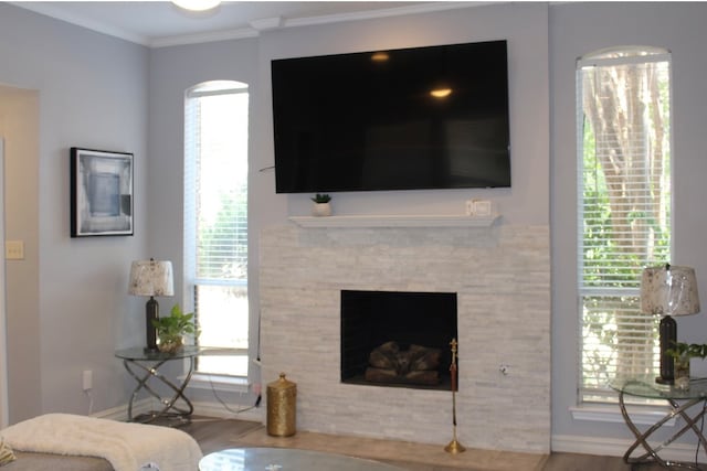 living room featuring a stone fireplace, wood finished floors, baseboards, and ornamental molding