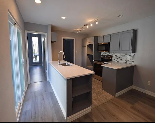 kitchen with gray cabinetry, a sink, appliances with stainless steel finishes, light wood finished floors, and decorative backsplash