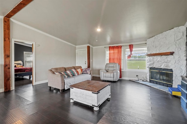 living room featuring a fireplace, vaulted ceiling, dark hardwood / wood-style floors, and crown molding