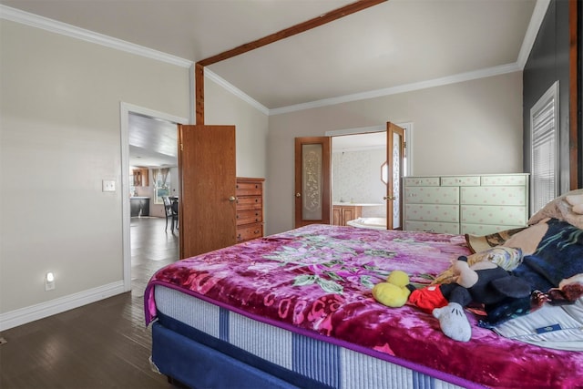 bedroom featuring hardwood / wood-style floors, vaulted ceiling, and crown molding