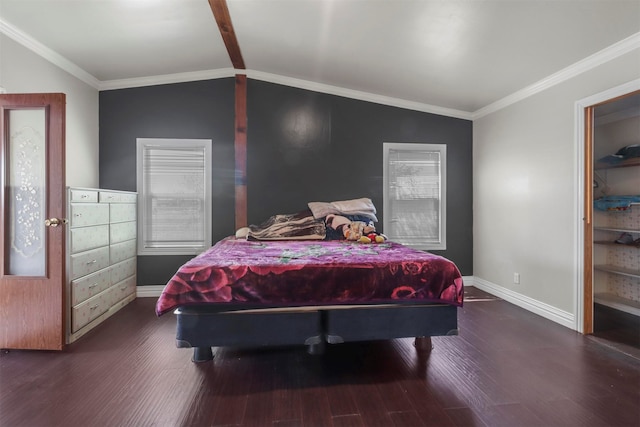 bedroom featuring hardwood / wood-style floors, ornamental molding, and lofted ceiling