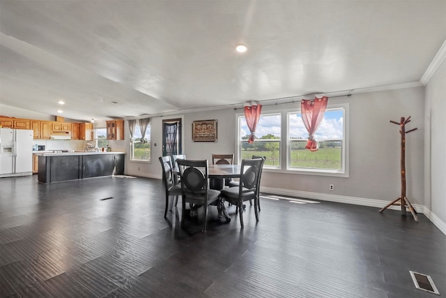 dining space featuring sink, crown molding, and wood-type flooring