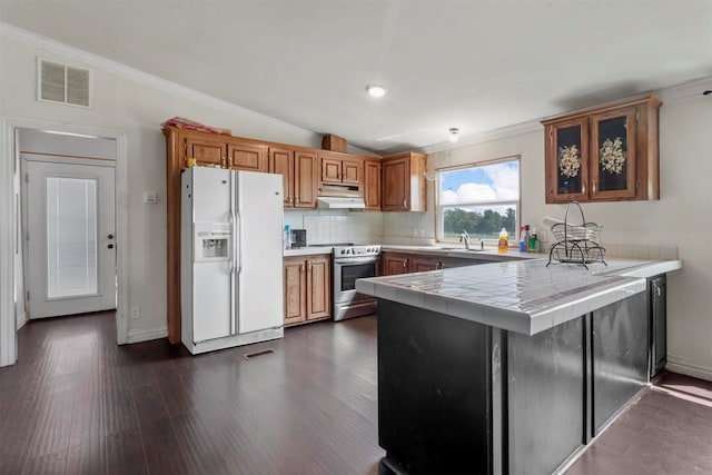 kitchen featuring white refrigerator with ice dispenser, dark wood-type flooring, stainless steel range oven, decorative backsplash, and tile countertops