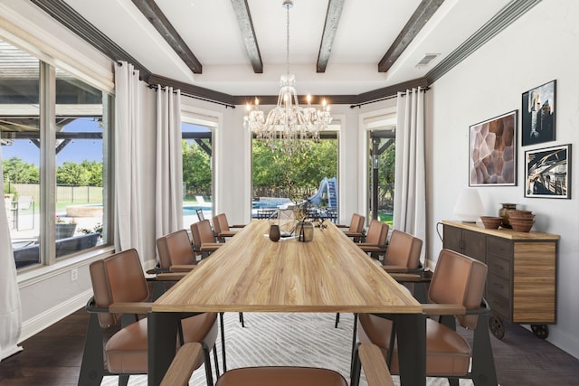 dining room with dark wood-type flooring, beamed ceiling, and a notable chandelier