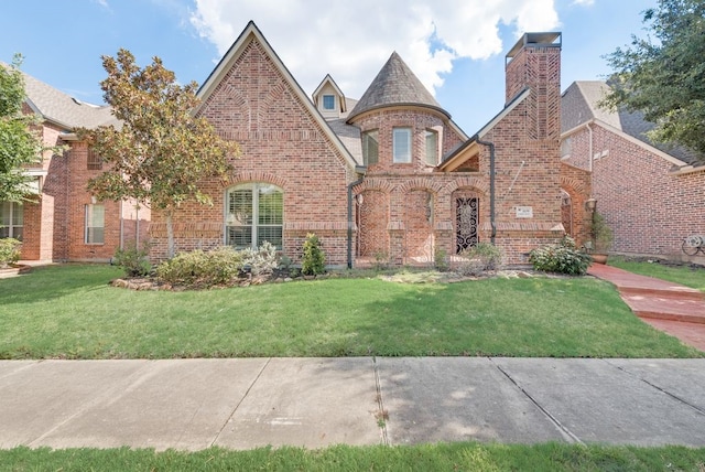 view of front facade with brick siding and a front lawn