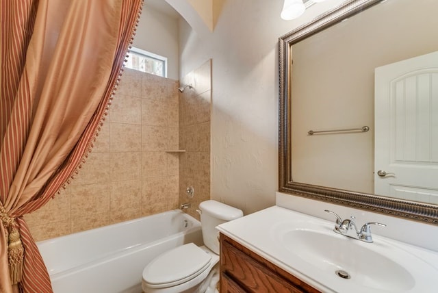 full bathroom with vanity, toilet, and shower / bathtub combination with curtain