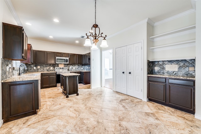 kitchen featuring a center island, light tile patterned floors, backsplash, and white electric range