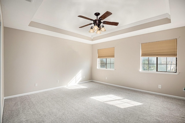 spare room with a raised ceiling, ornamental molding, carpet floors, and ceiling fan