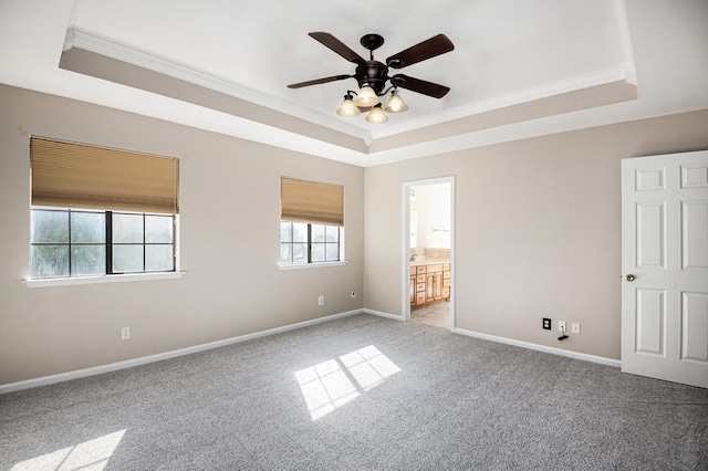 carpeted spare room with ceiling fan, ornamental molding, and a tray ceiling