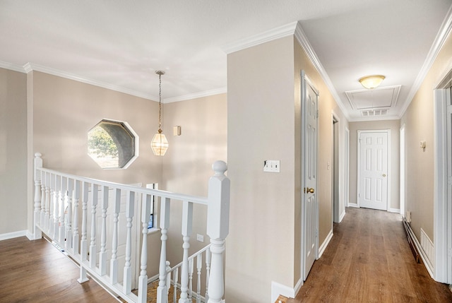 corridor with ornamental molding and dark hardwood / wood-style floors