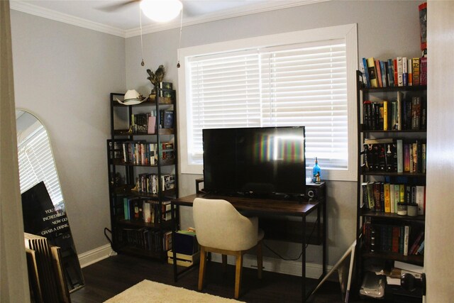 office with dark wood-type flooring and ornamental molding