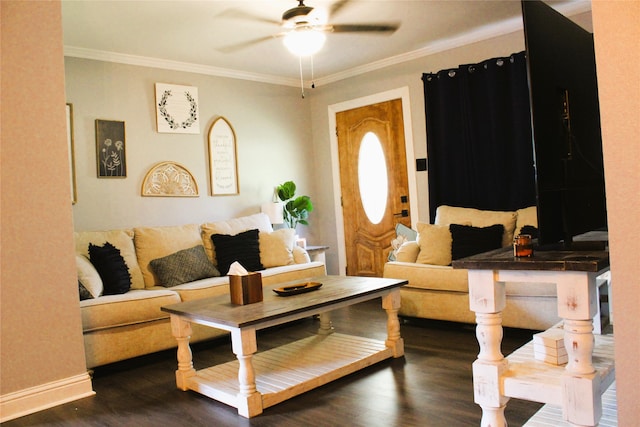 living room with ceiling fan, crown molding, and wood-type flooring