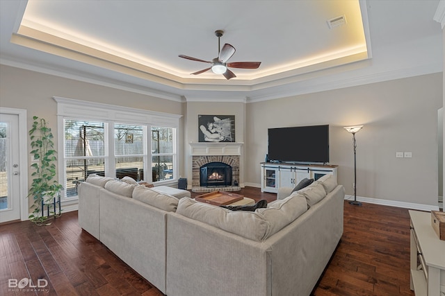 living room with a raised ceiling, a stone fireplace, and dark hardwood / wood-style floors