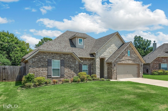 french country style house with a garage and a front yard