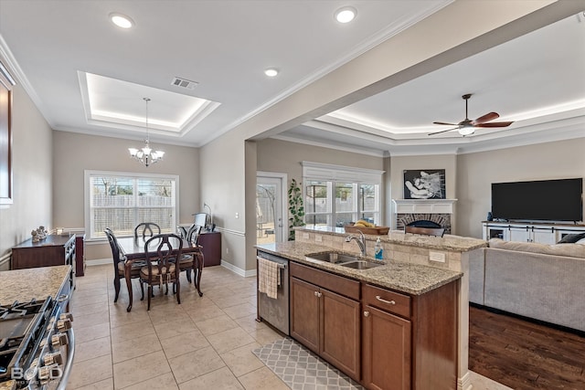 kitchen with light hardwood / wood-style floors, sink, stainless steel appliances, and a tray ceiling