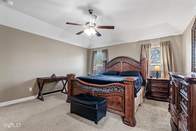 carpeted bedroom featuring ceiling fan, multiple windows, and crown molding