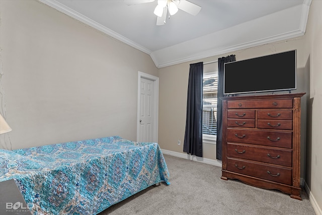 bedroom with ceiling fan, crown molding, light carpet, and lofted ceiling