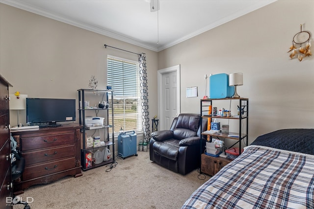 bedroom with ceiling fan, crown molding, and light colored carpet