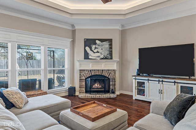 living room featuring dark hardwood / wood-style floors, plenty of natural light, ornamental molding, and a fireplace