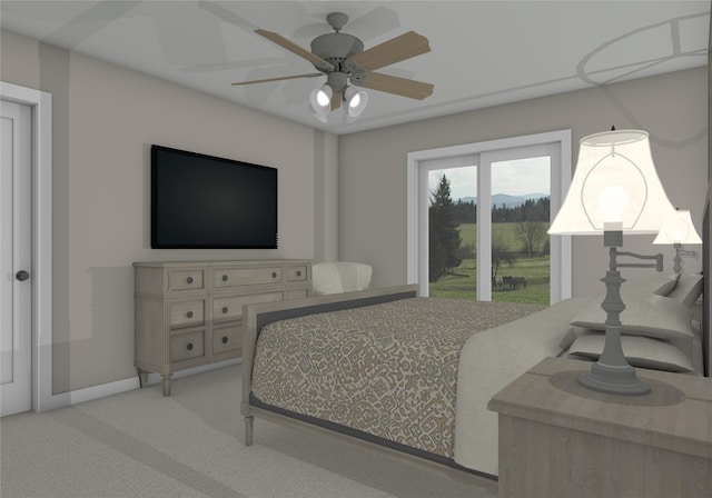 carpeted bedroom featuring access to exterior and ceiling fan