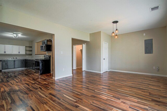 unfurnished living room featuring sink, electric panel, and dark hardwood / wood-style flooring