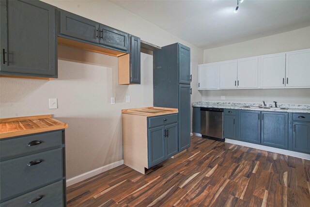 kitchen featuring sink, white cabinets, dishwasher, and dark wood-type flooring