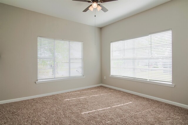 empty room with plenty of natural light, ceiling fan, and carpet floors