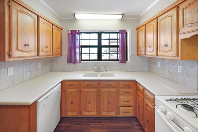 kitchen featuring decorative backsplash, dark hardwood / wood-style flooring, ornamental molding, dishwasher, and sink