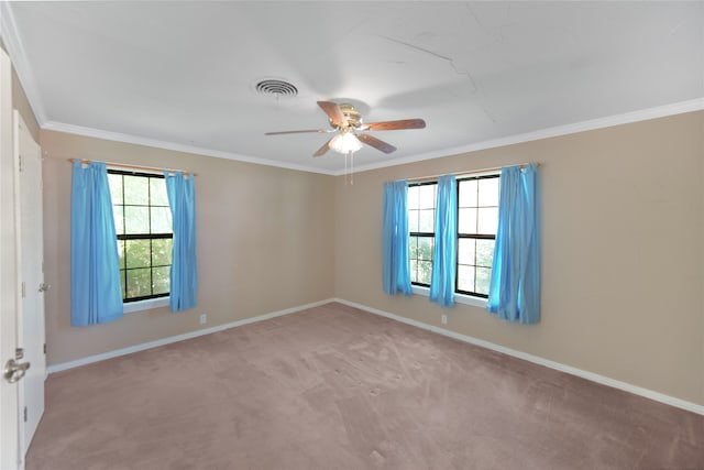 carpeted spare room with ceiling fan and ornamental molding