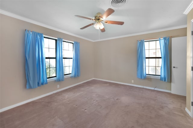 empty room featuring a wealth of natural light, ceiling fan, and carpet