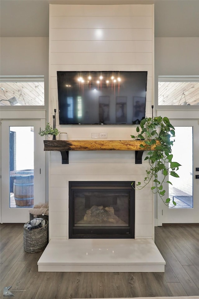 room details with a large fireplace and wood finished floors