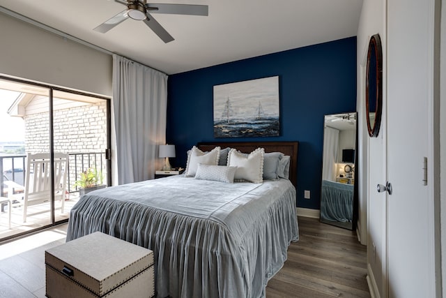 bedroom featuring ceiling fan, access to exterior, and wood-type flooring