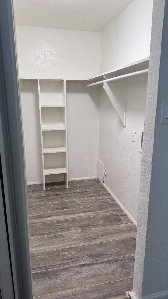 spacious closet with dark hardwood / wood-style flooring