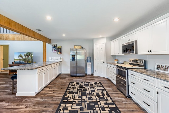 kitchen with a peninsula, recessed lighting, dark wood-style flooring, and stainless steel appliances