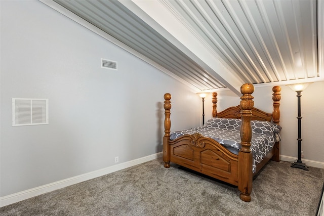 bedroom featuring lofted ceiling, carpet, visible vents, and baseboards