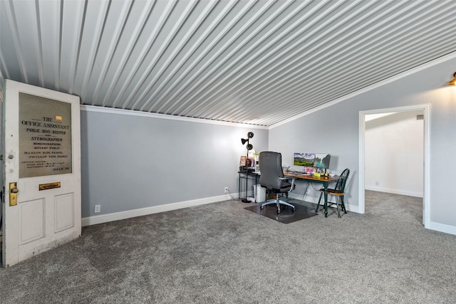 carpeted home office with baseboards and ornamental molding