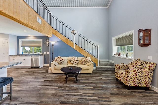 living room featuring dark hardwood / wood-style floors, a high ceiling, plenty of natural light, and ornamental molding