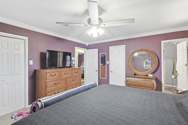 bedroom featuring ceiling fan and crown molding