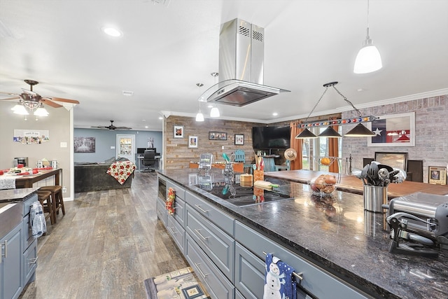 kitchen featuring ceiling fan, black electric stovetop, island exhaust hood, brick wall, and hardwood / wood-style floors