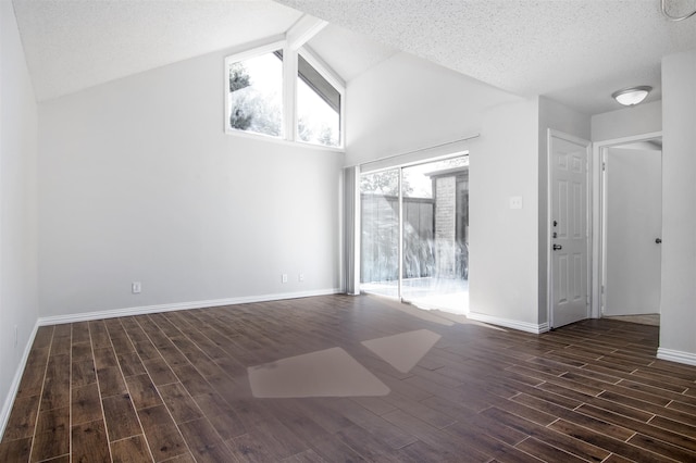 unfurnished room featuring a textured ceiling, high vaulted ceiling, and dark hardwood / wood-style flooring