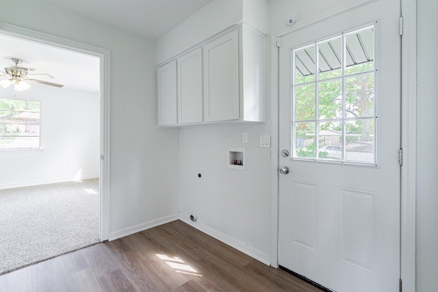 washroom with hookup for a washing machine, carpet floors, cabinets, hookup for an electric dryer, and ceiling fan